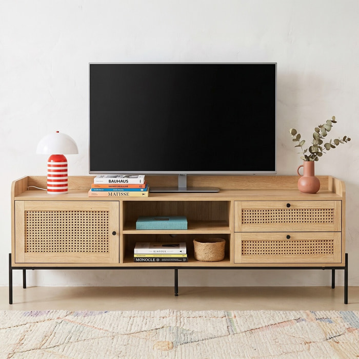 Meuble TV 1 porte 2 tiroirs en cannage et effet chêne - IRIS