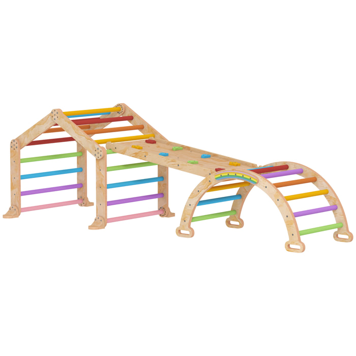 Triangle d'escalade enfant pliable 9 en 1 - aire de jeu enfant - bois naturel multicolore