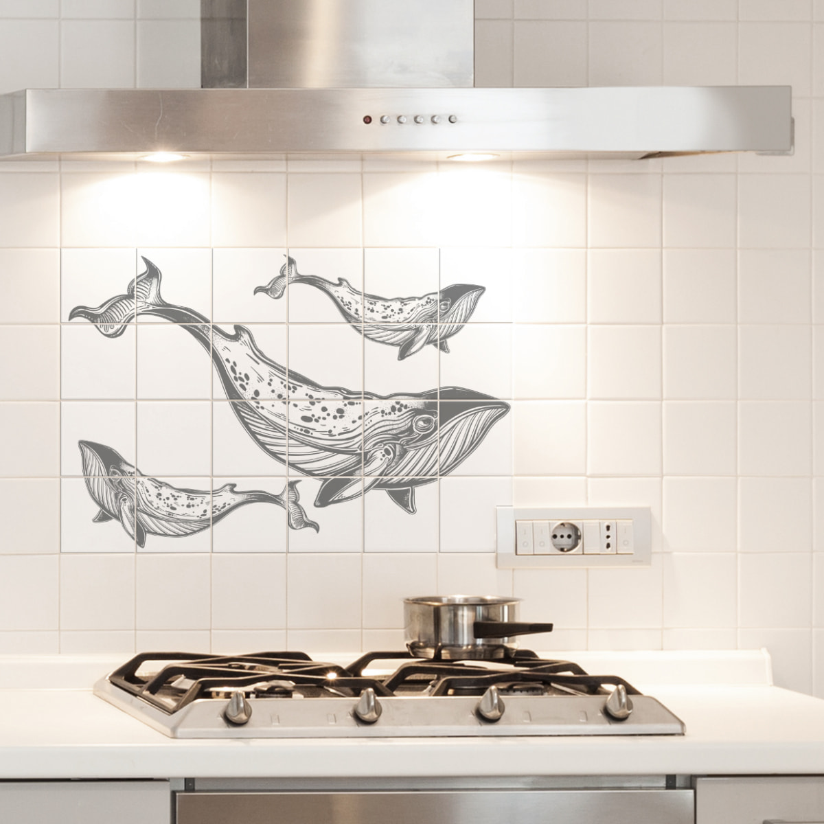 Stickers muraux - Sticker Mural Carrelage adhésif Cuisine Salle de Bain - 24 STICKERS CARREAUX DE CIMENT BALEINES