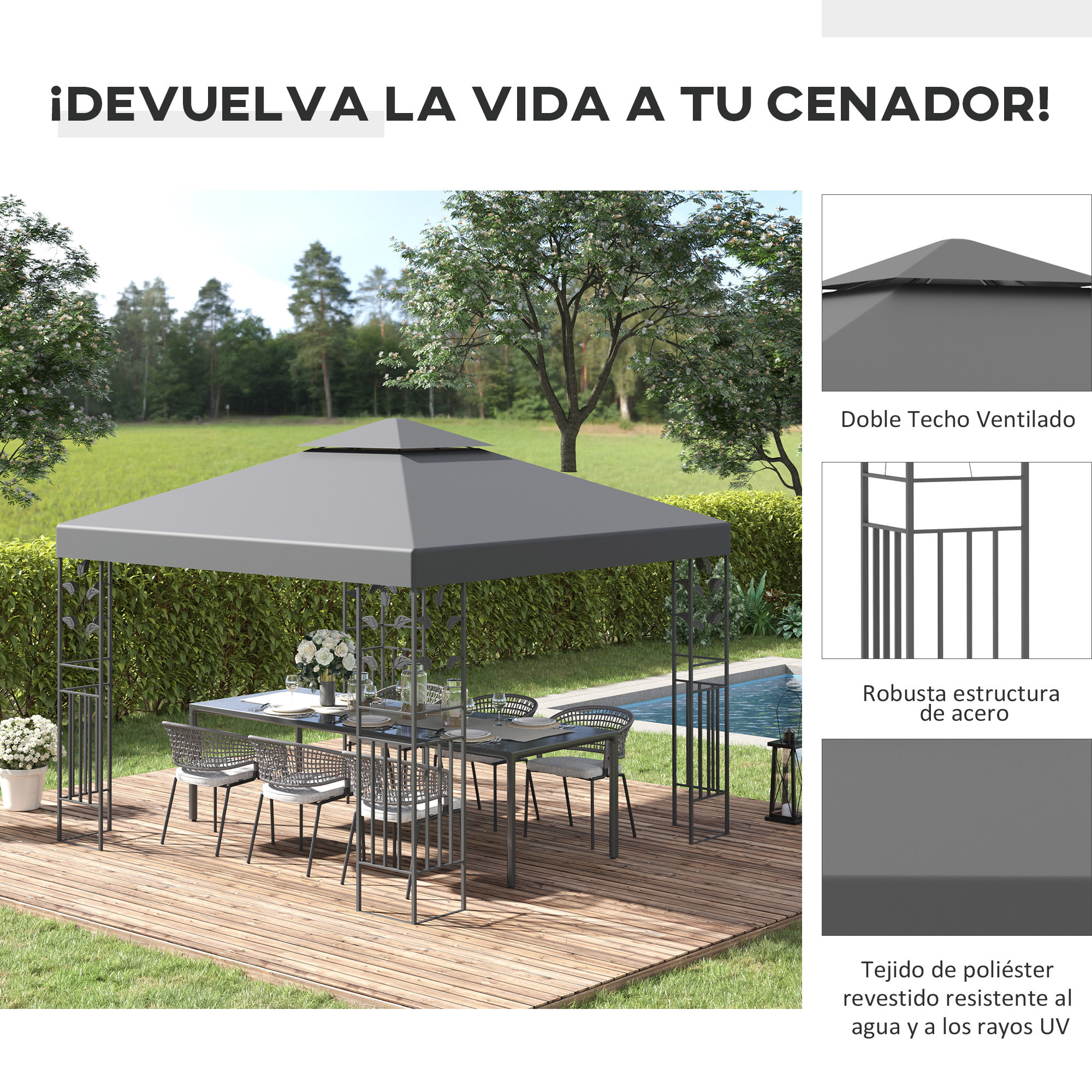 de Jardín 3x3 m Pabellón de Jardín Gazebo con Doble Techo Estructura de Acero 8 Orificios de Drenaje Resistente al Agua Carpa para Exterior Terraza Patio Gris