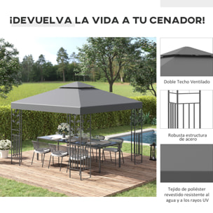 de Jardín 3x3 m Pabellón de Jardín Gazebo con Doble Techo Estructura de Acero 8 Orificios de Drenaje Resistente al Agua Carpa para Exterior Terraza Patio Gris