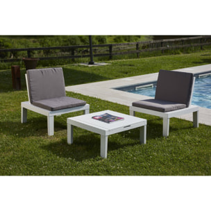 Set salotto da esterno Cervia, Set da giardino con 2 sedute con schienale ed 1 modulo multifunzione, Salottino con cuscini, 100% Made in Italy, Bianco