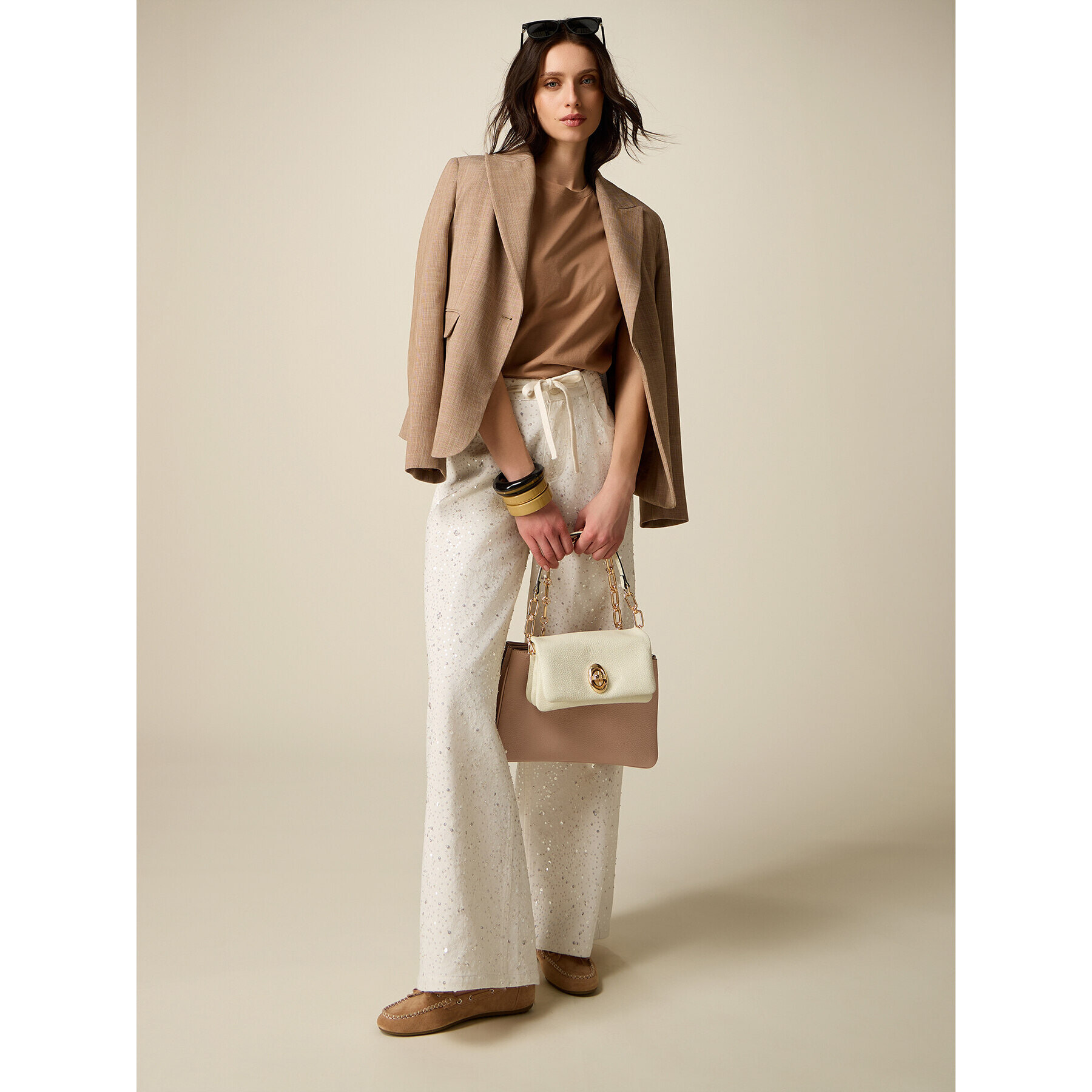 Oltre - Pantalones palazzo con lentejuelas - Blanco