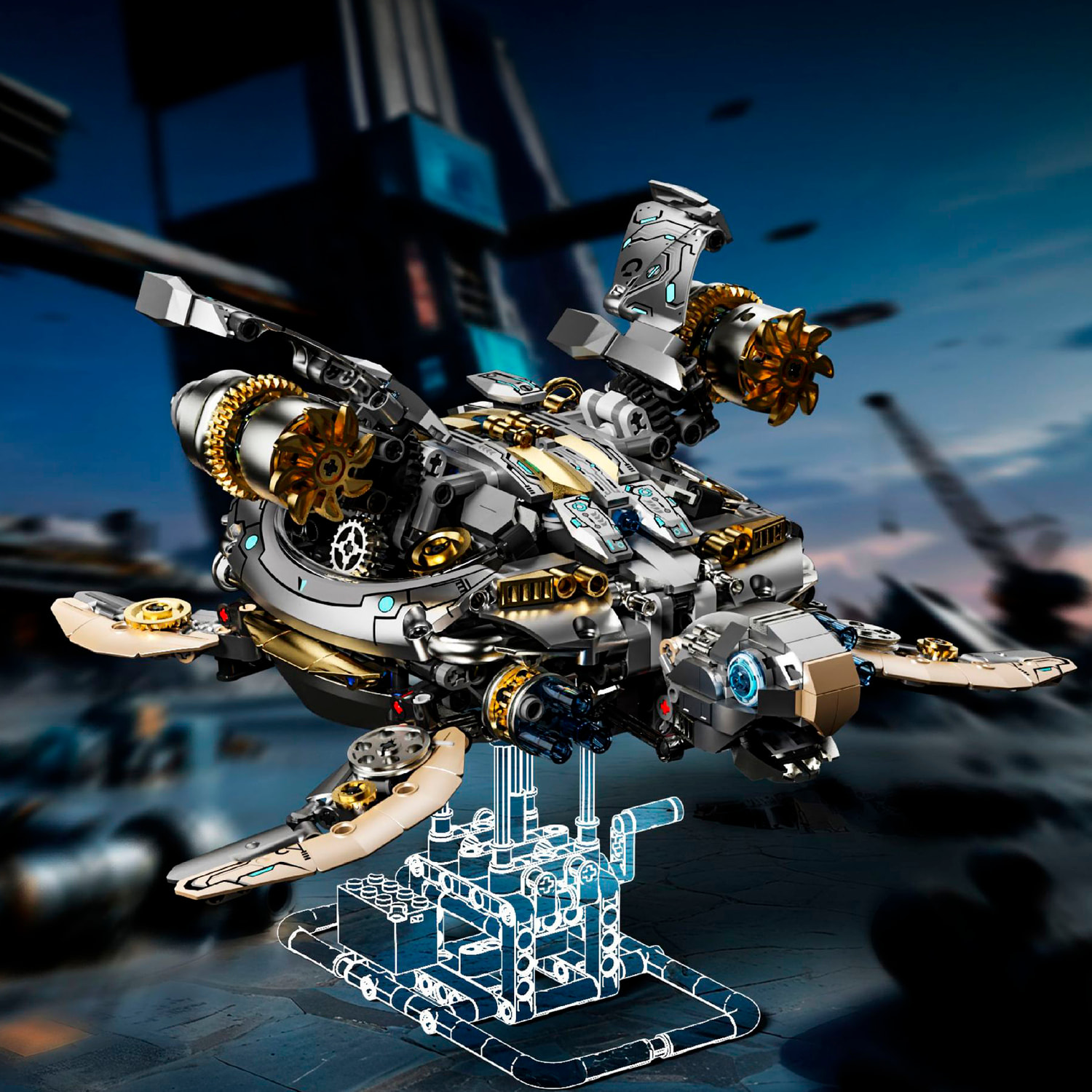 Maqueta 3D mecanizada de tortuga con 1277 piezas, equipada con luces y mecanismo de manivela que permite movimiento dinámico.