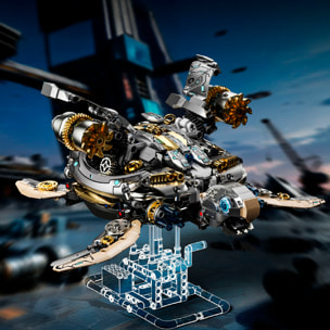 Maqueta 3D mecanizada de tortuga con 1277 piezas, equipada con luces y mecanismo de manivela que permite movimiento dinámico.