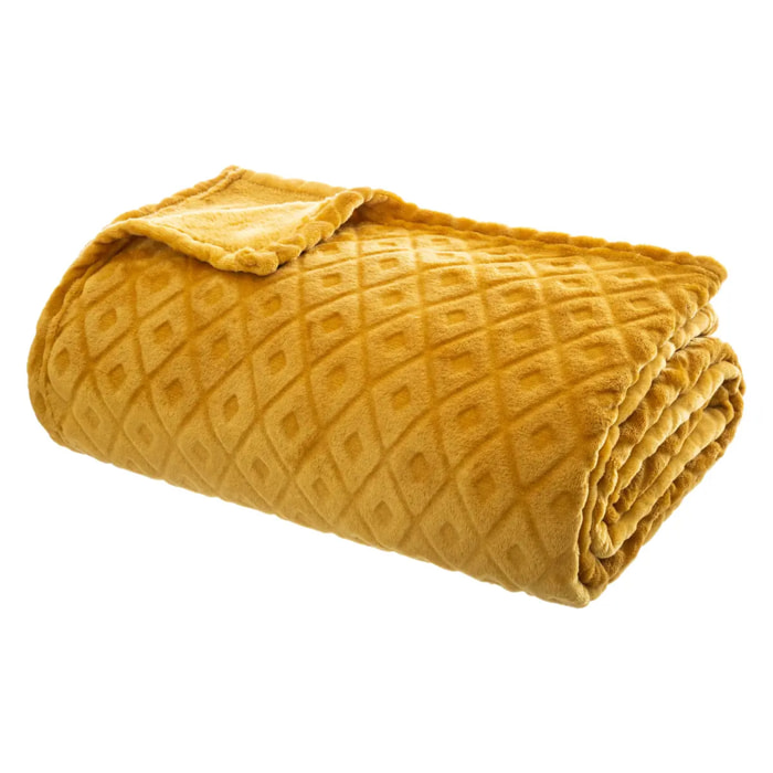 Plaid "3D Losange" flanelle jaune moutarde 180x230cm