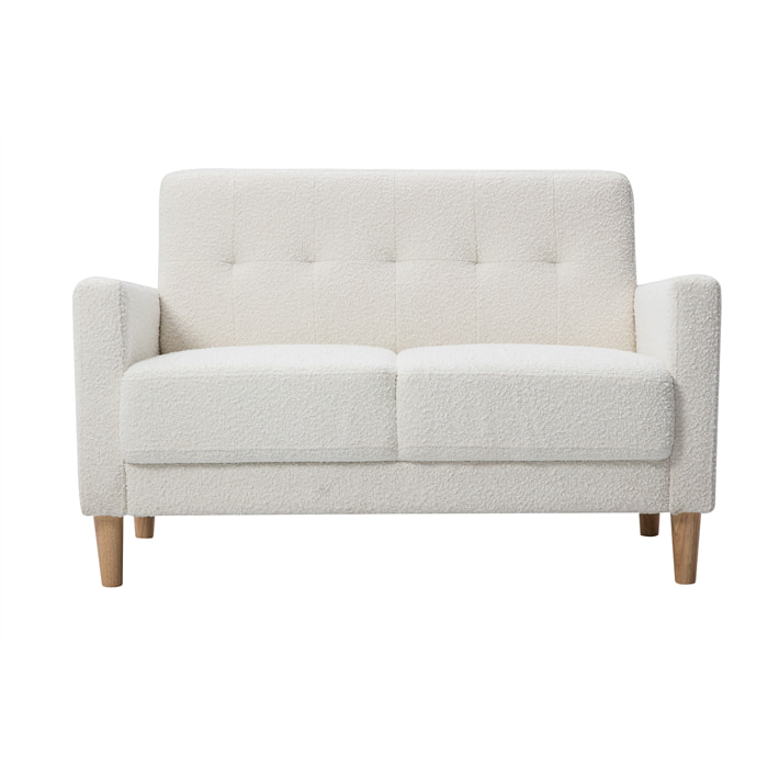 Canapé scandinave 2 places en tissu effet laine bouclée blanc et bois clair MOON