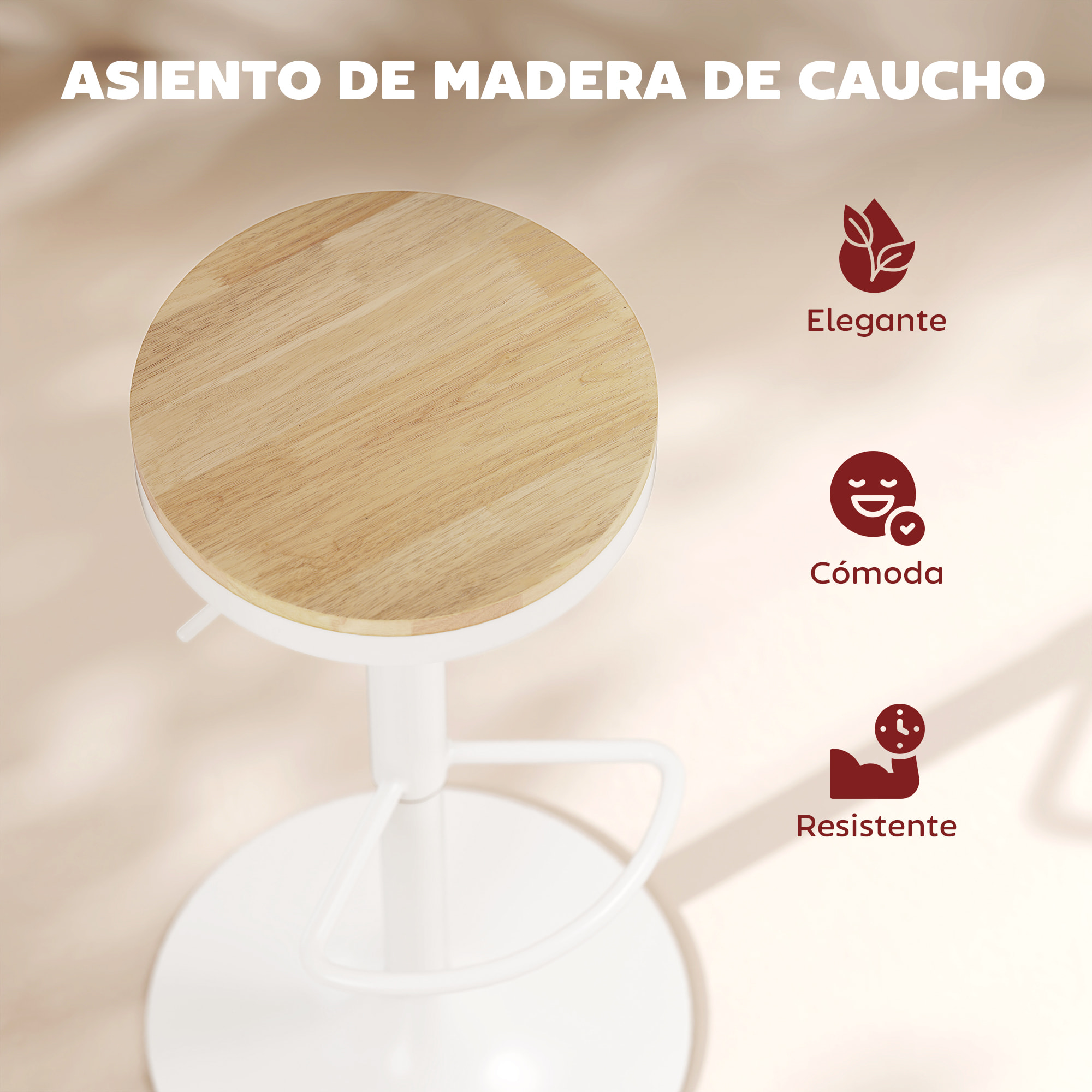 Juego de 2 Taburetes de Bar Giratorios Taburetes Altos de Cocina con Altura Ajustable 60-80 cm Asiento de Madera Marco de Acero y Reposapiés para Comedor Mostrador Natural y Blanco