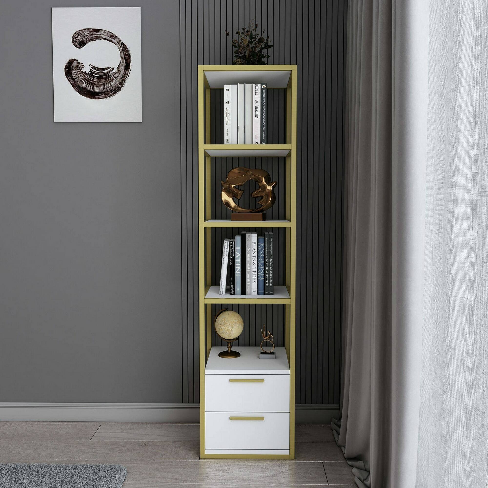 Libreria Dfogliat, Scaffale da ufficio, Mobile portalibri, Biblioteca, 39x39h169 cm, Oro e Bianco