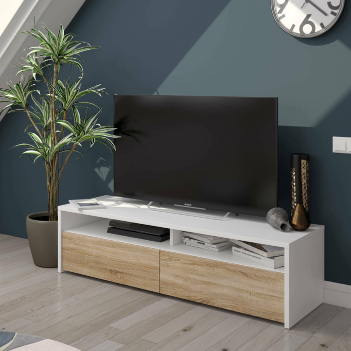 Mobile porta TV Henderson, Credenza per televisione da soggiorno con 2 ante, Supporto TV, Buffet moderno basso da salotto, cm 130x40h36, Bianco lucido