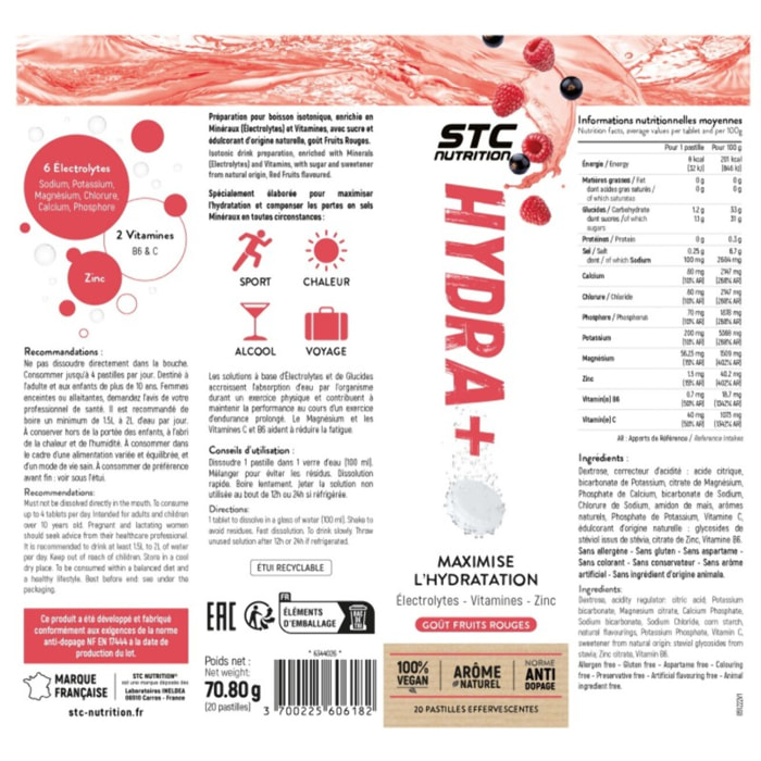 STC NUTRITION - Hydra+ - Préparation pour boisson isotonique à base d'Électrolytes, Vitamines, sucre et édulcorant naturels - Fruits Rouges - Optimise l'hydratation - 20 Pastilles