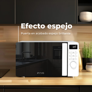 EVVO Microondas M20 Black, 20L de Capacidad, Grill 800W, Puerta Efecto Espejo, Multifunción, Función Descongelar, Temporizador 60 Minutos,Display Digital (Acabado Negro)