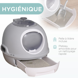 Maison de toilette portable pour chat tiroir à litière coulissant porte battante lucarne + pelle fournis dim. 47L x 55l x 44H cm gris