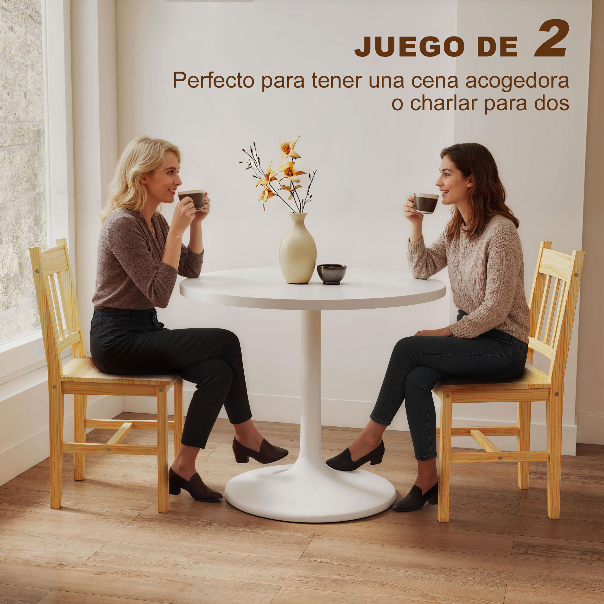 Juego de 2 Sillas de Comedor de Madera Maciza de Pino, Sillas de Cocina con Respaldo de Listones, Asiento Amplio, para Salón, Madera Natural