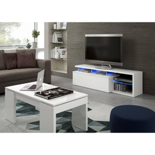 Mobile porta TV Pittsburgh, Credenza per televisione da soggiorno con 1 anta, Supporto TV con luce led, Buffet da salotto, cm 150x41h50, Bianco lucido