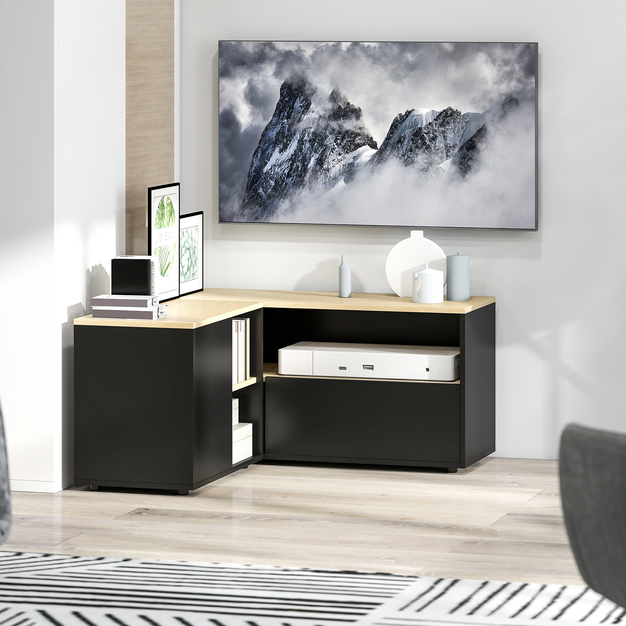 Meuble TV d'angle banc TV en L 2 portes 3 niches panneaux aspect bois chêne clair noir