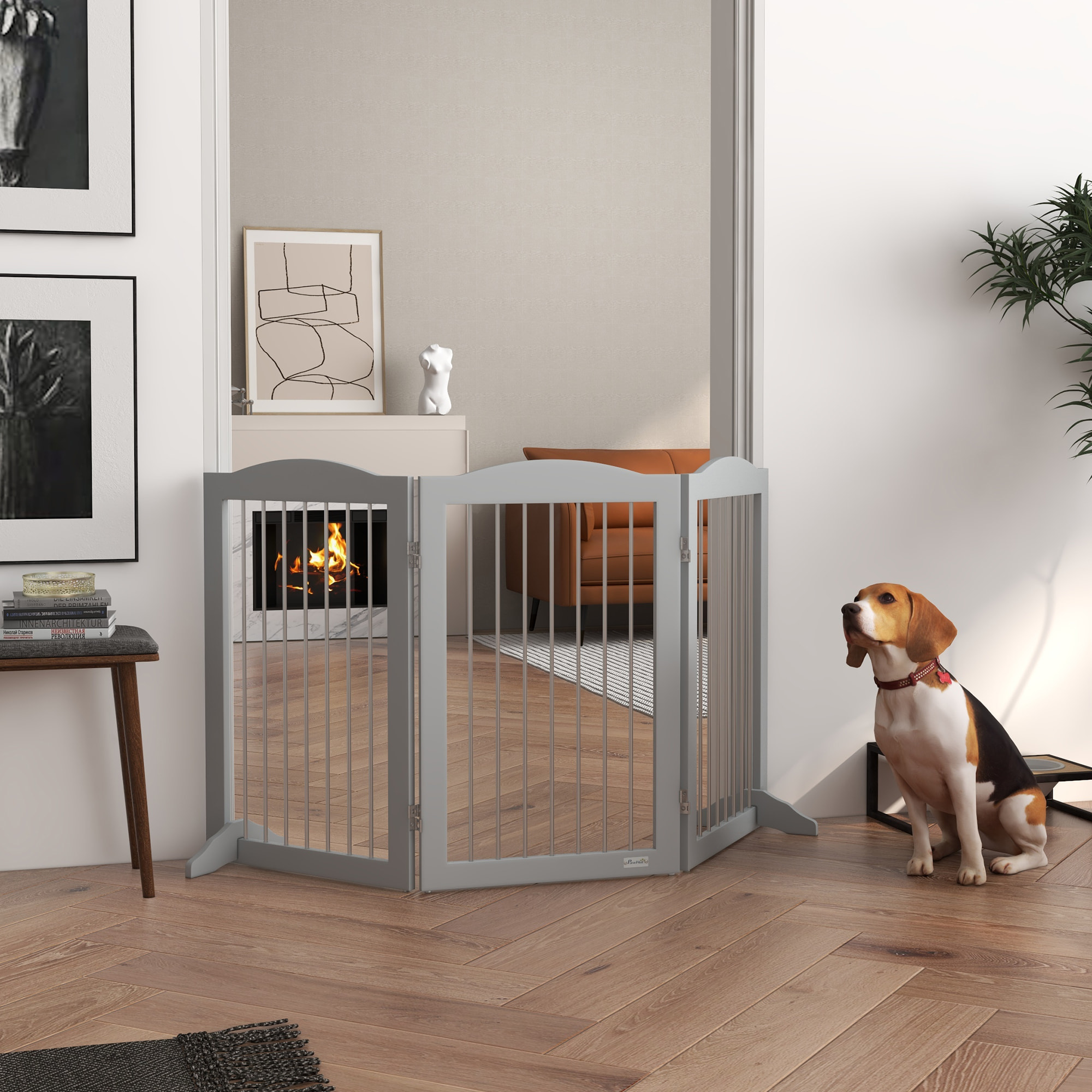 Barrera de Seguridad para Perros Plegable para Escaleras y Puertas Valla para Perros Pequeños y Medianos de 3 Paneles con Soporte de Pie para Interiores 154x30x80 cm Gris