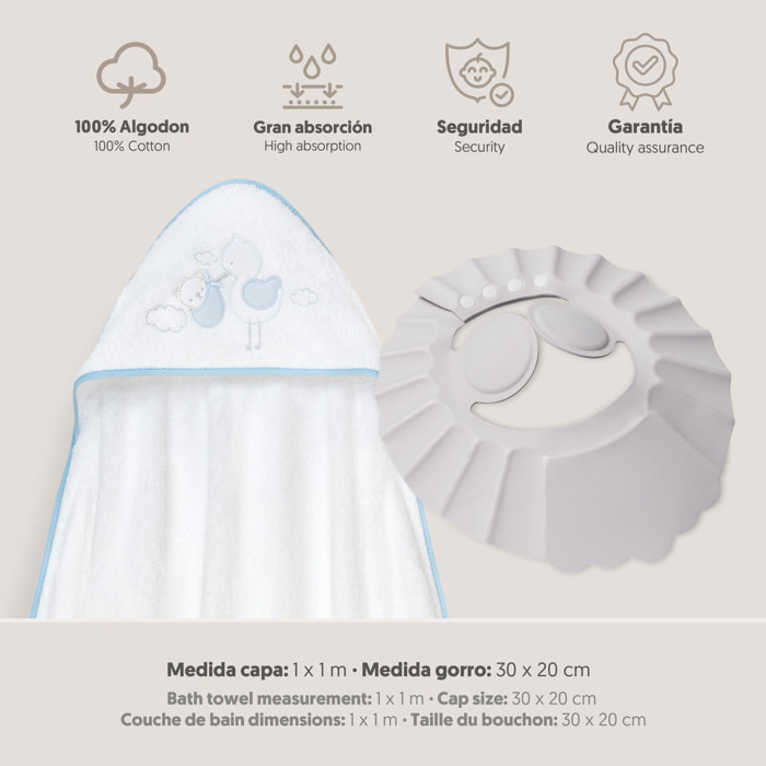 Capa Baño 1X1 Mod Cigueña Oso+Gorro Bco/Azul