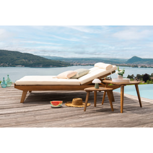 Bain de soleil double avec dossiers multipositions beige et bois massif L127 cm CARACAS