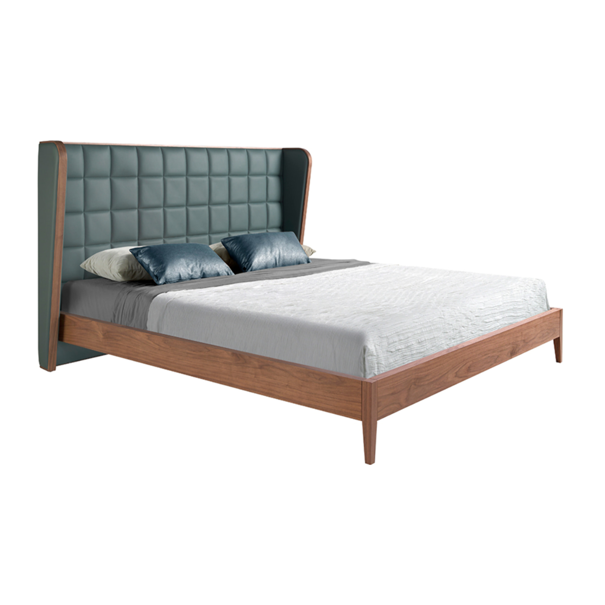 Cama Angel Cerdá de matrimonio con cabecero en polipiel en verde oscuro y estructura de madera chapada en nogal natural 206x213x123cm