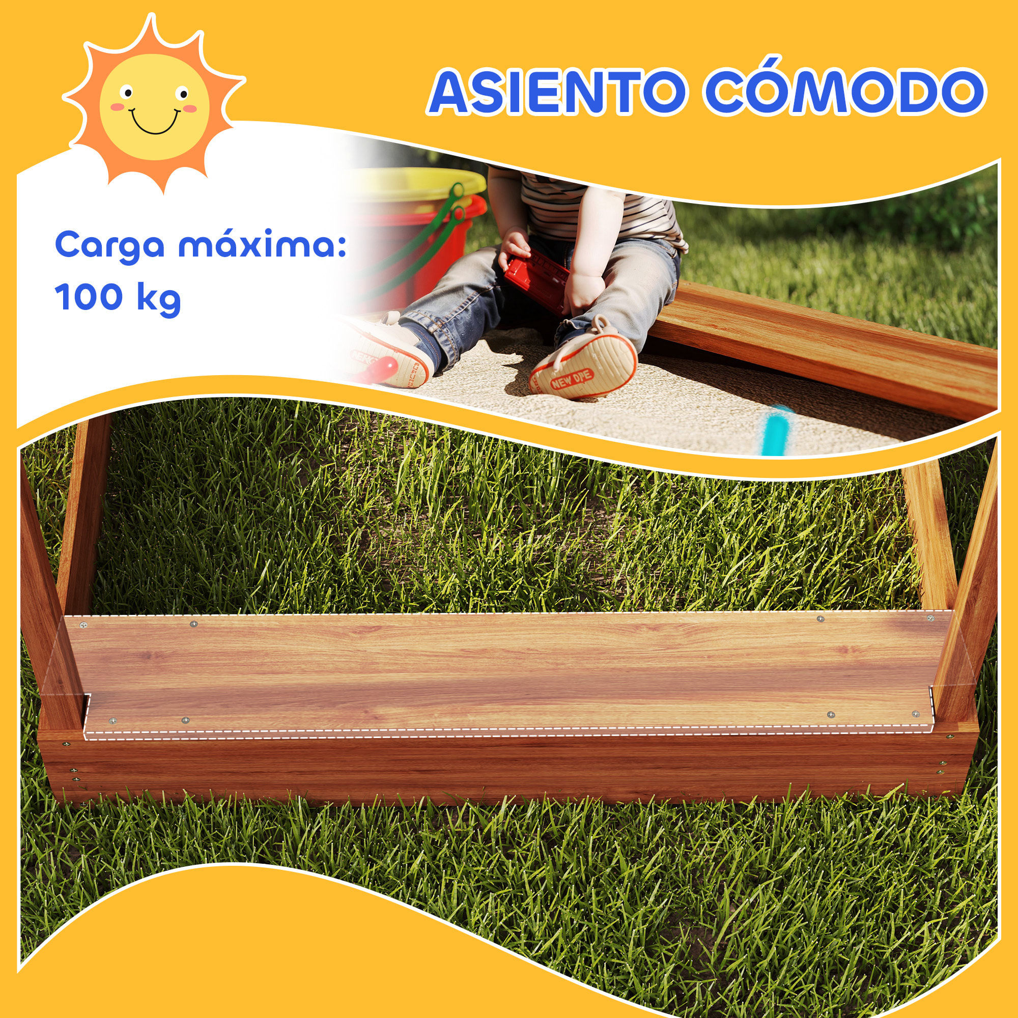 Arenero para Niños de Madera, Arenero Infantil en Forma de Casa con 2 Asientos, Toldo, 6 Banderines, 2 Bandejas Extraíbles, Grifo y Pizarra, para Patio, Jardín, 124x116x146 cm, Naranja
