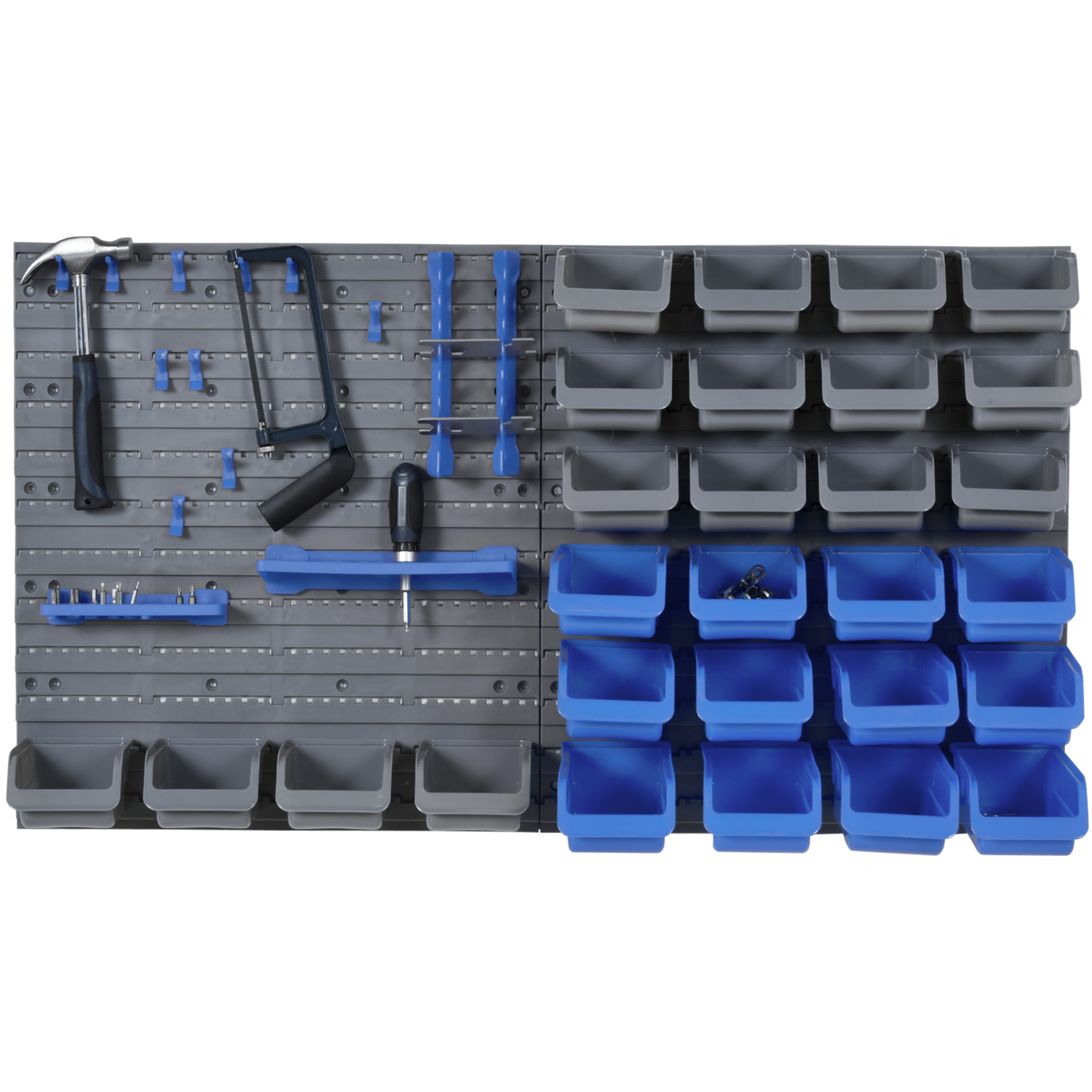 Organizador de Herramientas de Pared de 44 Piezas 95x54 cm Estantería de Pared para Herramientas con 28 Cajas Apilables y Diferentes Ganchos Gris y Azul