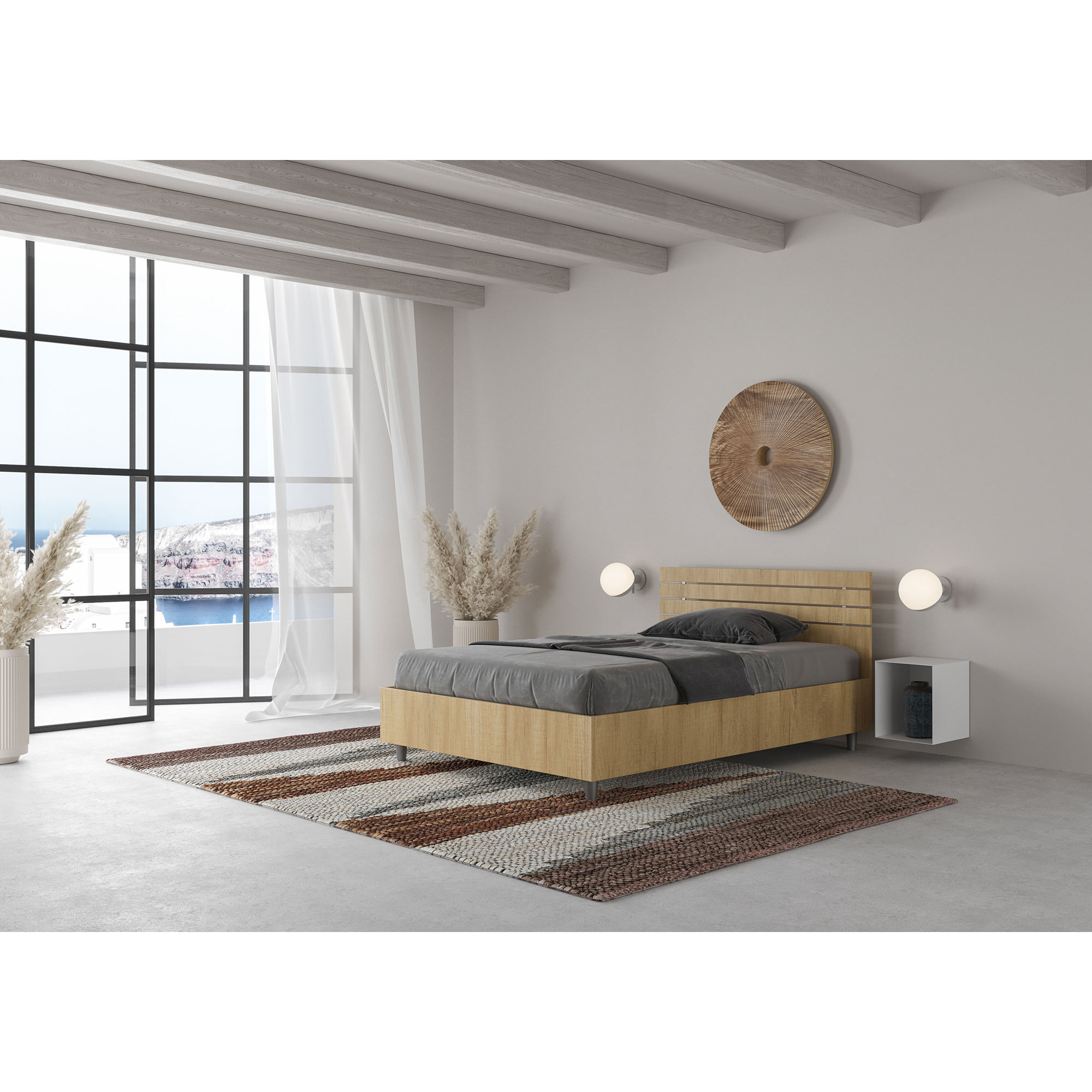 Cama con somier 120x190 con cabecera rectade listones roble natural Ankel