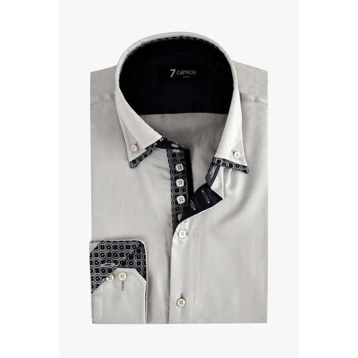 Camicia Uomo 2 Bottoni Button Down 7bottoni Doppio Coll Satin Unito Grigio