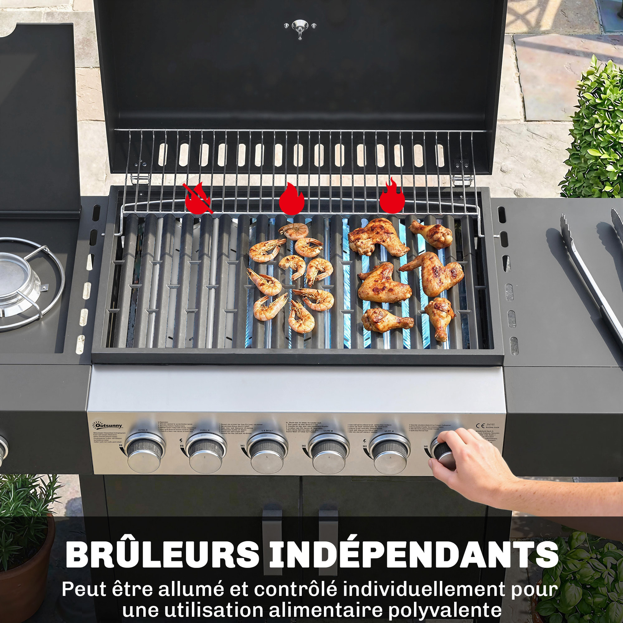 Barbecue à gaz  6+1 brûleurs thermomètre intégré - chariot portable avec roues - métal - noir