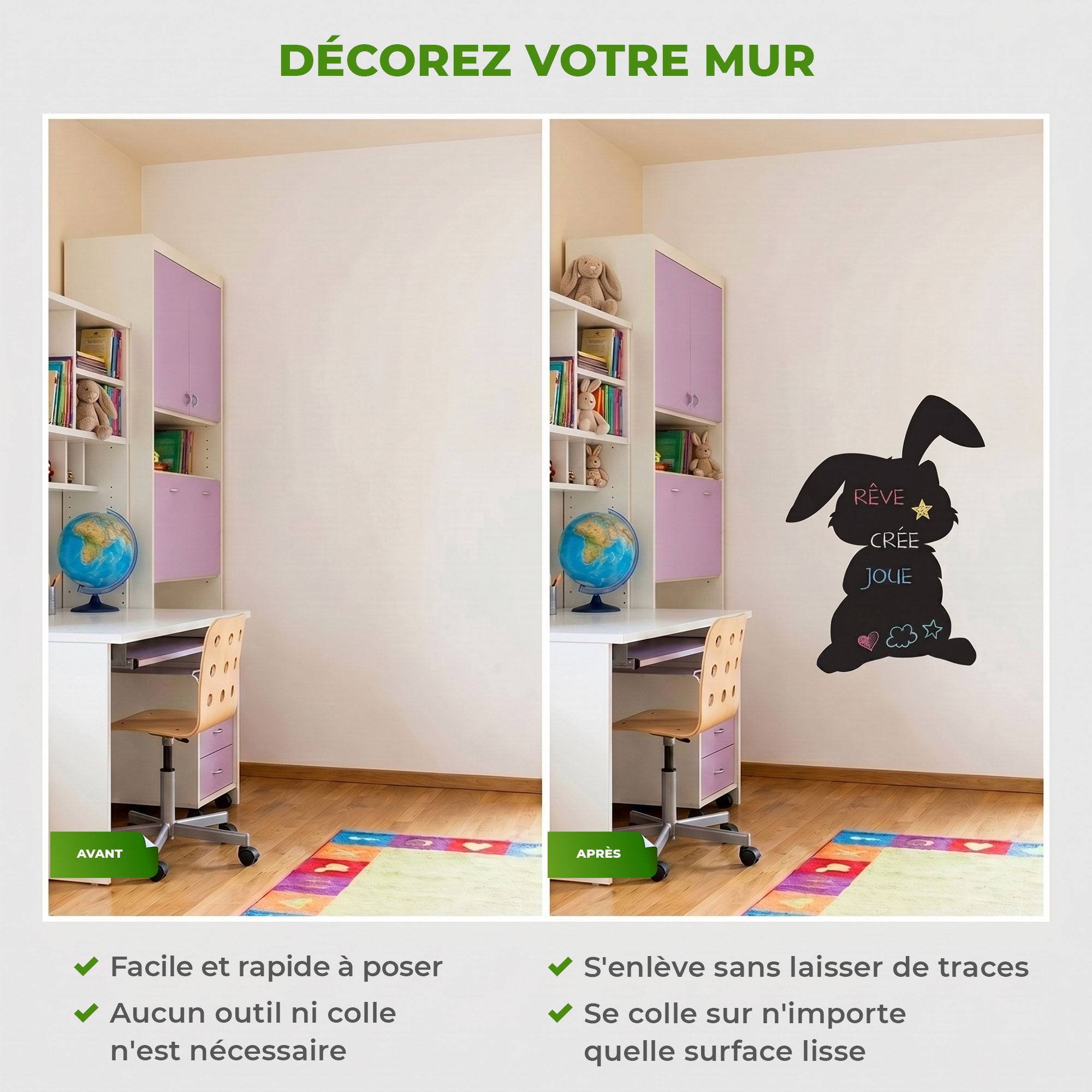 Sticker ardoise tableau noir - stickers muraux adhésif effaçable - LAPIN