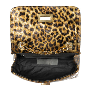 Amaro bolso bandolera mujer. Piel auténtica Gamuza acolchada, animal print leopardo, lacado brillante.