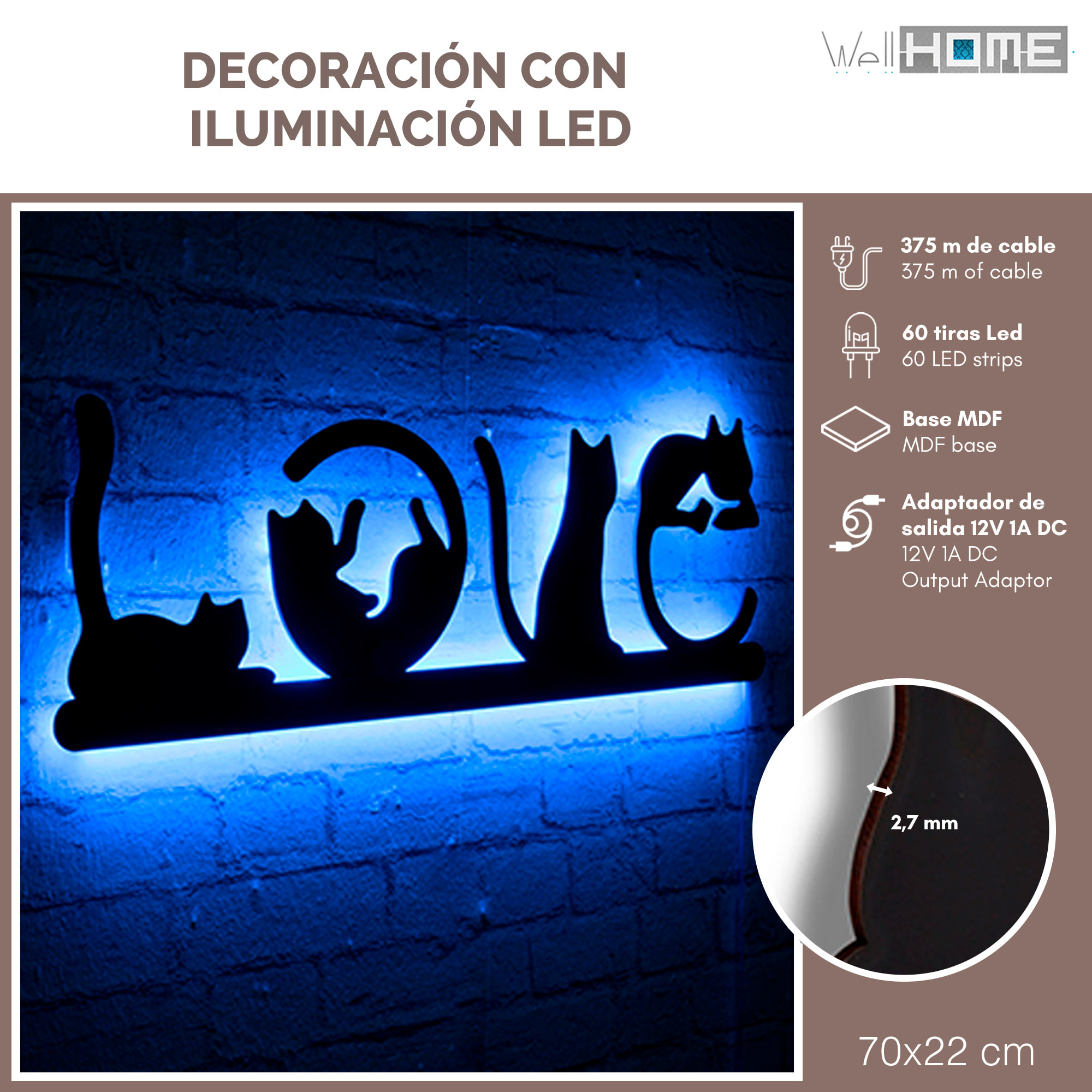 Decoración de pared con iluminación LED. WELL HOME