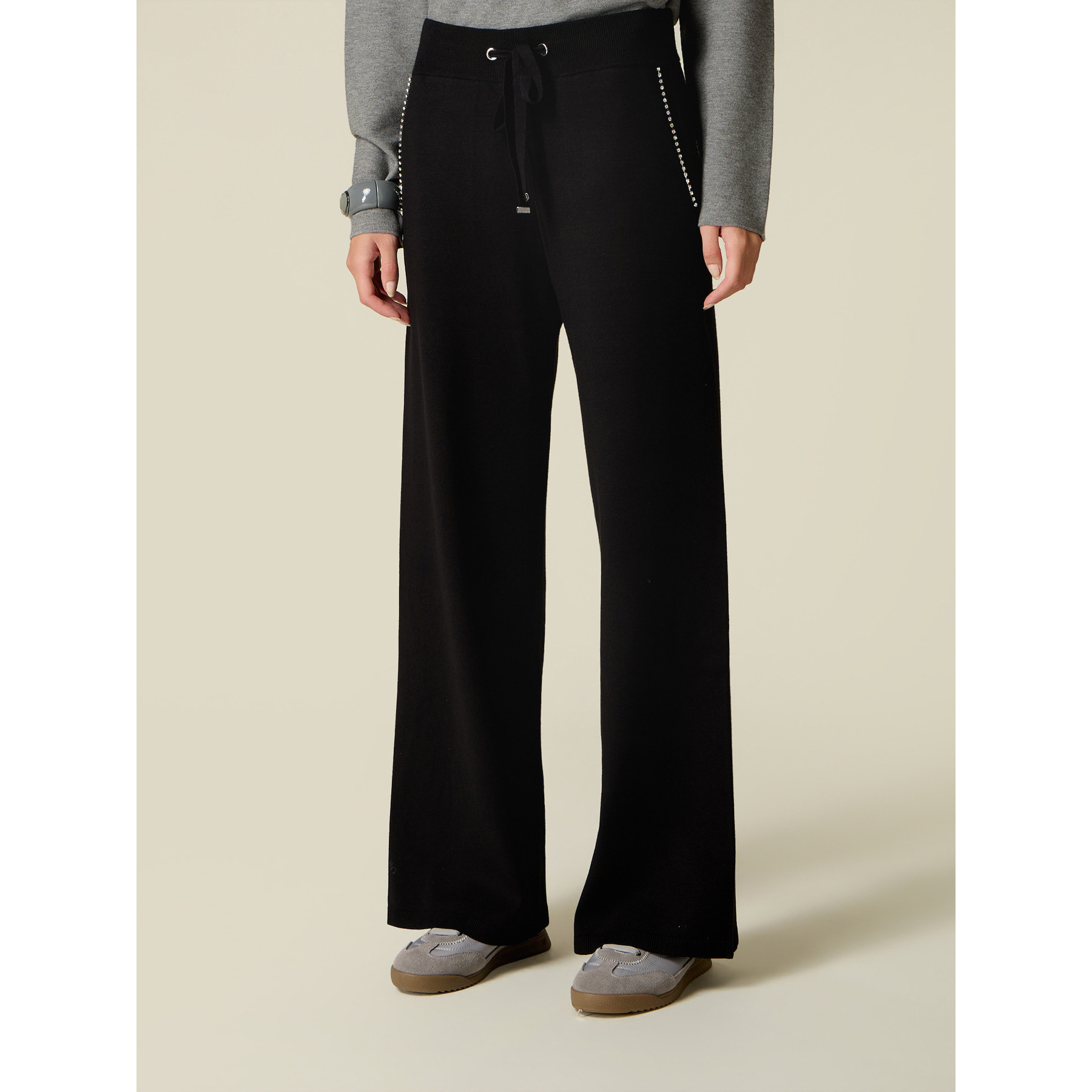 Oltre - Pantaloni palazzo in maglia con castoni - Nero