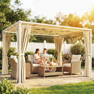 Pérgola de Jardín 3x4 m, Cenador de Jardín con Techo Ondulado, 4 Cortinas Extraíbles, Protección UPF50+ y Estructura de Acero Resistente, Pabellón para Exterior, Patio, Terraza, Beige