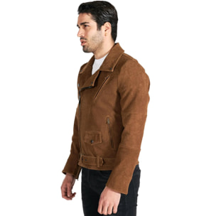 Chiodo biker in pelle nubuck cuoio con cintura effetto anticato