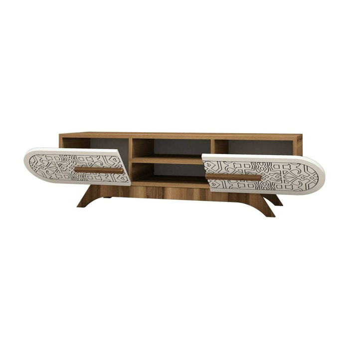 Mobile porta TV Matsu, Credenza da soggiorno, Armadio basso per TV, Base parete attrezzata, 145x37h37 cm, Noce e Bianco