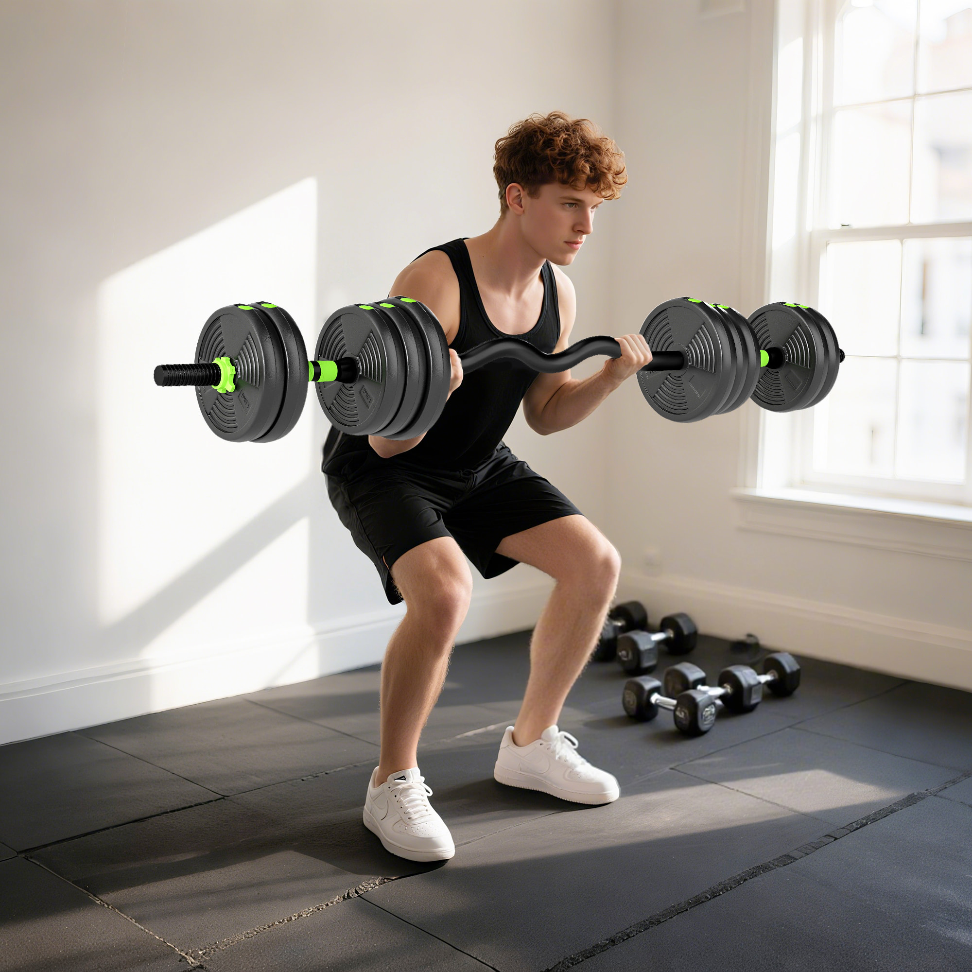 Ensemble d'haltères musculation multifonction 3 en 1 - haltères, Olympic barre, Curl EZ barre - total 20Kg - PVC vert noir