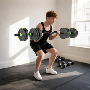 Ensemble d'haltères musculation multifonction 3 en 1 - haltères, Olympic barre, Curl EZ barre - total 20Kg - PVC vert noir