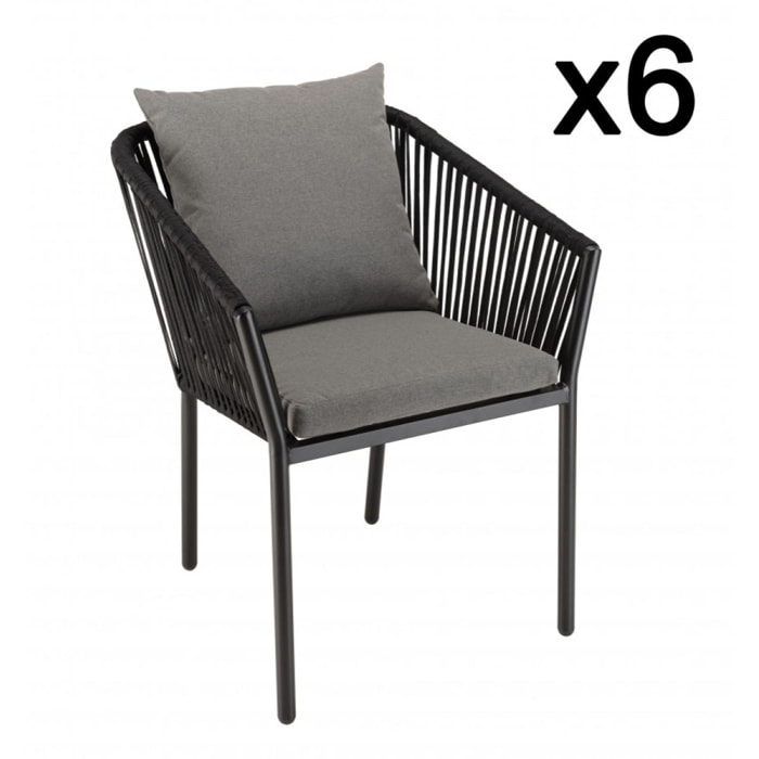 MALO - Lot de 6 fauteuils en cordage noir coussins gris anthracite