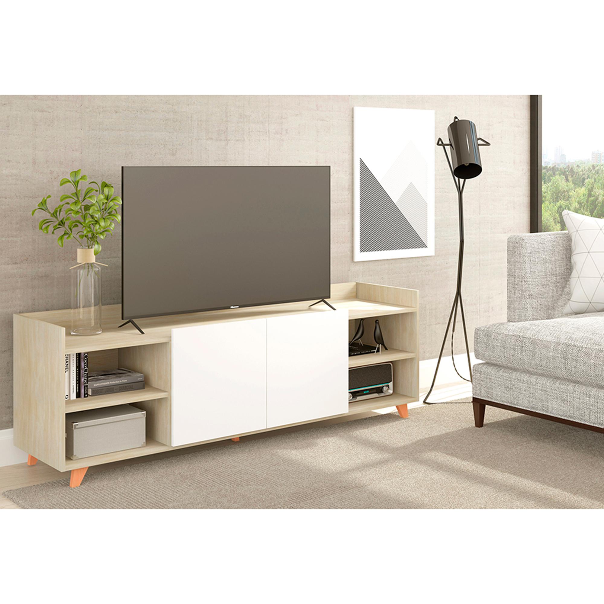 Mueble TV AURO - 2 estantes y 2 puertas - roble cambrian y blanco - 180x46x53cm