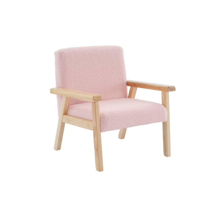 Fauteuil enfant en bois et tissu bouclette rose. ISAK L 47 x P 43.5 x H 50cm