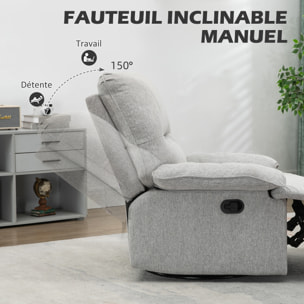 Fauteuil de relaxation grand confort pivotant 360° dossier inclinable repose-pied ajustable tissu gris clair