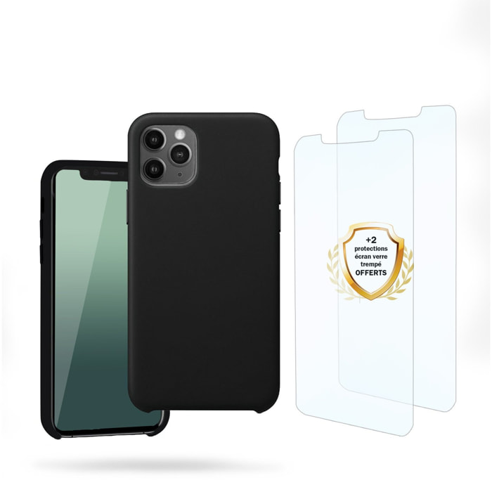 Coque iPhone 11 Pro Max Silicone liquide Noire + 2 Vitres en Verre trempé Protection écran Antichocs