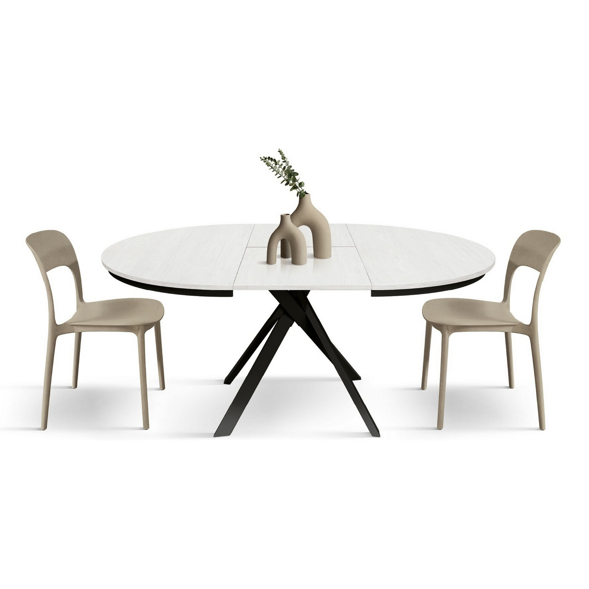 Tavolo rotondo PANTELLERIA in legno effetto bianco frassinato con gambe incrociate in metallo antracite, allungabile ⌀120 cm - ⌀170 cm