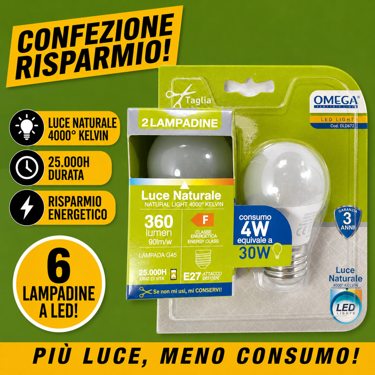 OMEGA Set 6 Lampadine LED Sfera 4W E27 4000K