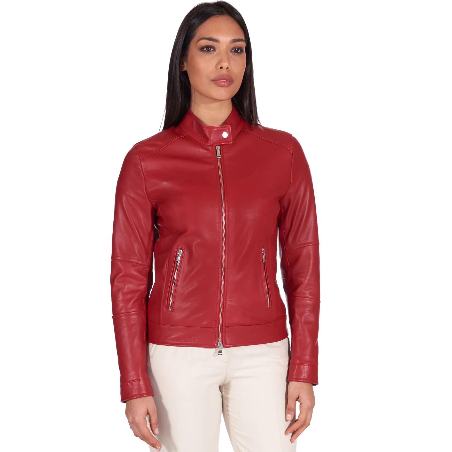 Giacca biker in pelle rossa nappa effetto liscio