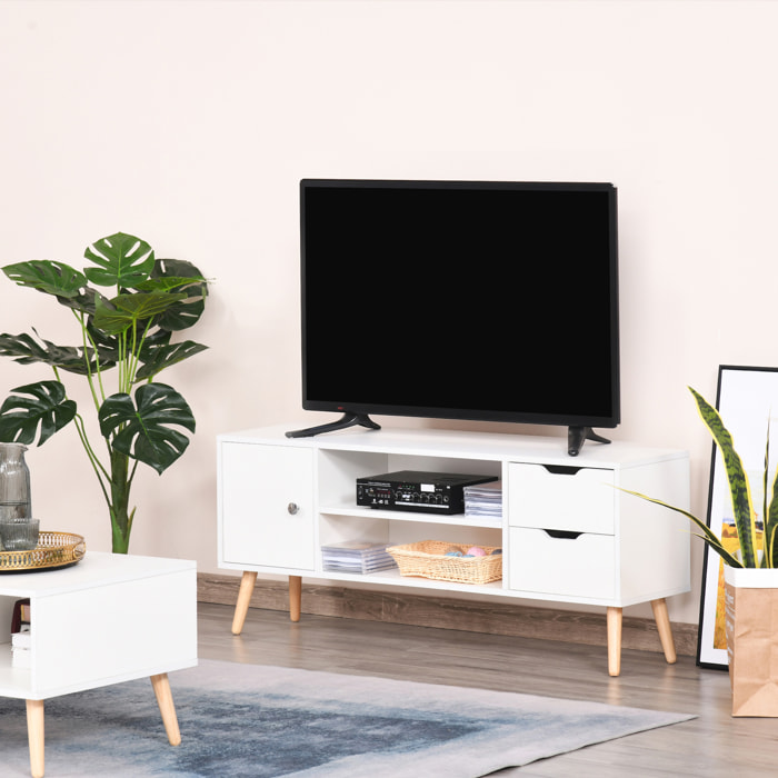 Mueble de TV 120x28x44cm con Armario Estantes Abiertos Cajones Carga 30kg Blanco