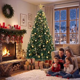 Árbol de Navidad con 296 LED Blanco Cálido, 230 cm, Árbol de Navidad Decorativo, 1405 Ramas Ignífugas, Estrella, 42 Bolas, 30 Lazos y Decoración Dorada, Verde