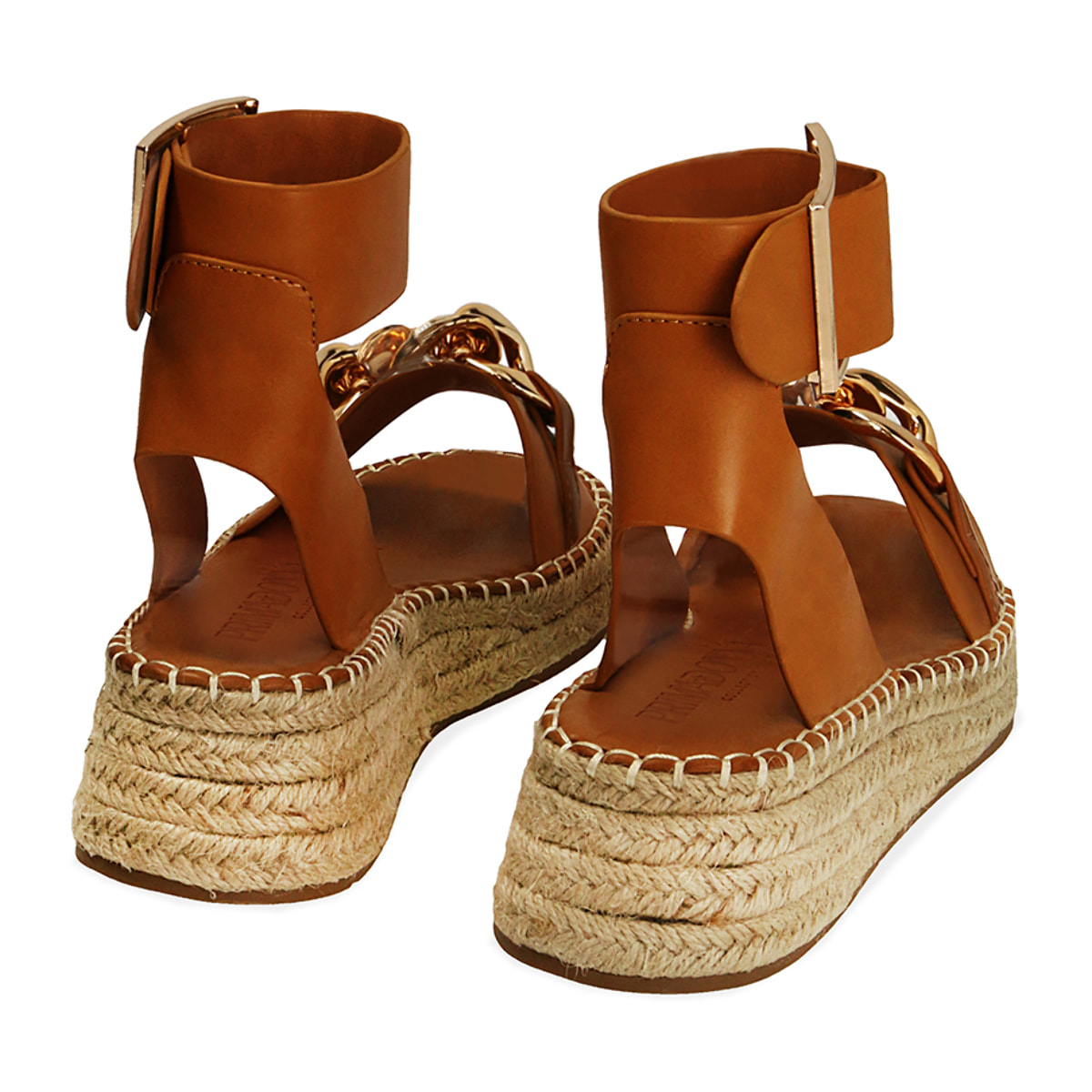 Sandali maxi-chain cognac, zeppa 4,5 cm