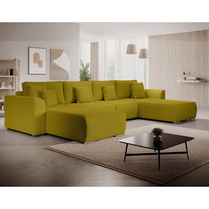 Gabriel - Canapé panoramique en U 7 places convertible avec coffre en tissu texturé - Vert